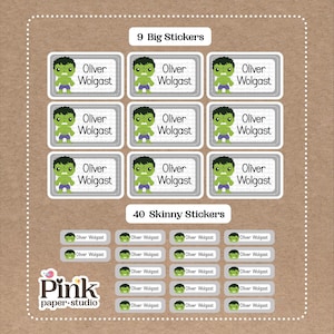 Cute Super Hero Stickers - 9 Big School Name Stickers - 40 Skinny Stickers