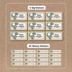 Dinosaur Stickers - 9 Big School Name Stickers - 40 Skinny Stickers