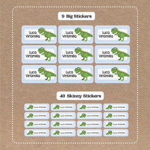 Dinosaur Stickers - 9 Big School Name Stickers - 40 Skinny Stickers