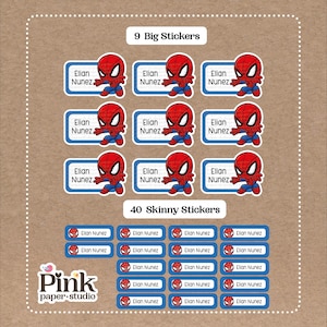 Cute Super Hero Stickers - 9 Big School Name Stickers - 40 Skinny Stickers