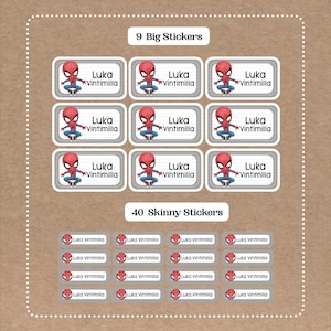 Cute Super Hero Stickers - 9 Big School Name Stickers - 40 Skinny Stickers