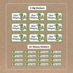 Dinosaur Stickers - 9 Big School Name Stickers - 40 Skinny Stickers