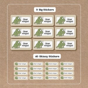 Dinosaur Stickers - 9 Big School Name Stickers - 40 Skinny Stickers