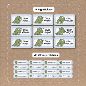 Dinosaur Stickers - 9 Big School Name Stickers - 40 Skinny Stickers