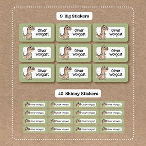 Dinosaur Stickers - 9 Big School Name Stickers - 40 Skinny Stickers