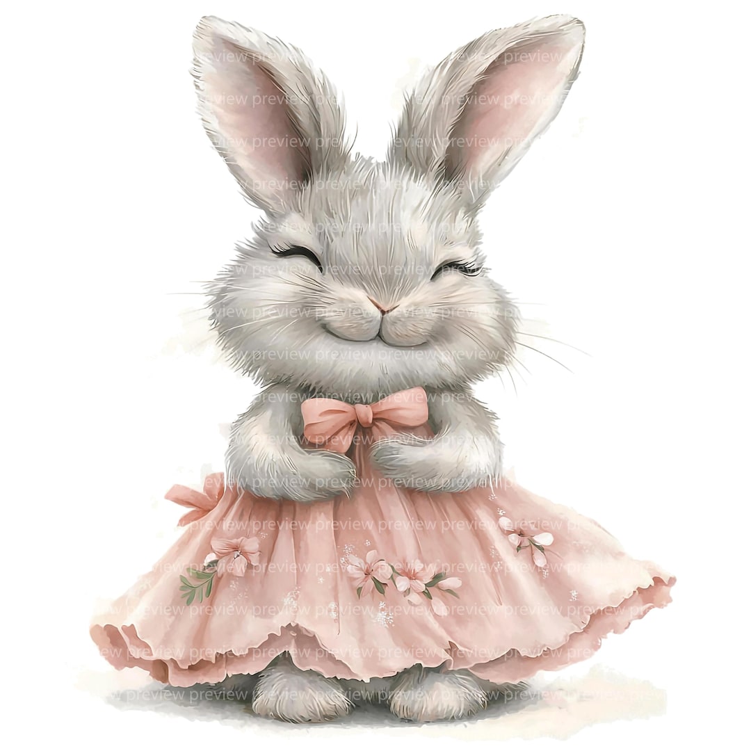 12 Bunny in Pink Dress Clipart | Whimsical Rabbit Watercolor Art ...