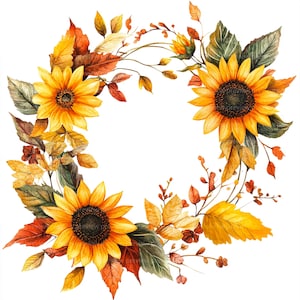 Könnte beinhalten: Eine kreisförmige Kranzillustration mit drei großen gelben Sonnenblumen mit dunkelbraunen Mitten, umgeben von einer Vielzahl herbstlich gefärbter Blätter in Orange, Rot und Grün sowie kleinen Zweigen und zarten Stielen auf weißem Grund.