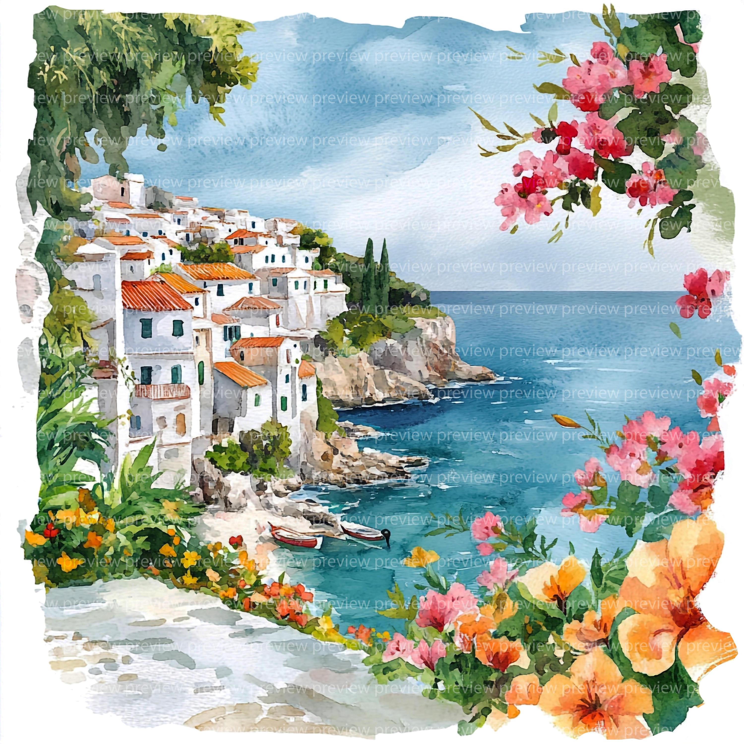 14 サントリーニ島 ギリシャ クリップアート | 地中海旅行 水彩画