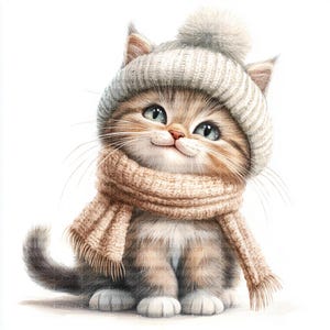 Gatto soffice che indossa cappello e sciarpa Clipart / 16 JPG ad alta risoluzione per biglietti invernali, pianificatore digitale e album di ritagli invernali / Uso commerciale