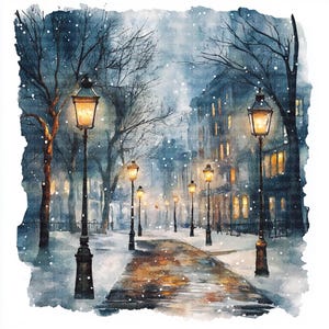 Escena de invierno por la noche con farolas en la calle, imágenes prediseñadas / 15 archivos JPG de alta resolución para tarjetas de invierno y álbumes de recortes de invierno / Uso comercial