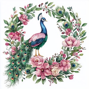 12 cliparts paon floral, paon romantique, clipart paon aquarelle pour scrapbooking et journaux | Fichiers JPG de haute qualité | Téléchargement numérique