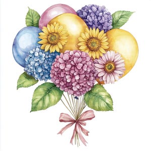 12 Floral Balloons Clipart, Boho Balloons Clipart, Birthday Card Decor Watercolor Clipart | High-Quality JPGs | Digital Download