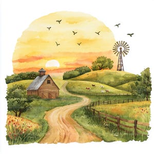 12 Sunrise Over Rolling Hills Clipart,  Countryside Scenery Clipart, Watercolor Flat Land Clipart | High-Quality JPGs | Digital Download