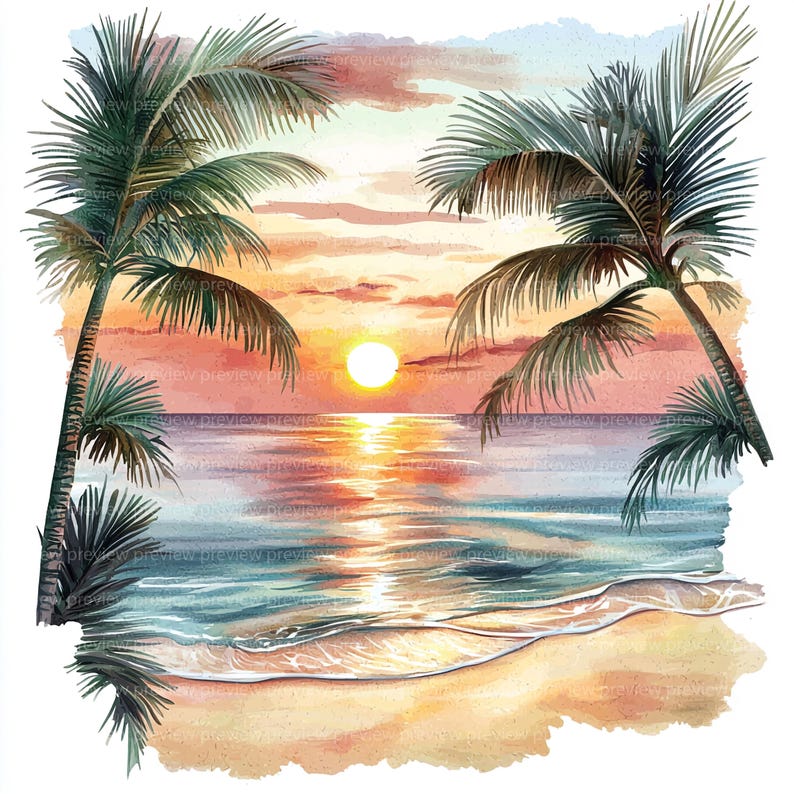 12 Watercolor Beach Sunset Clipart | Palm Tree Ocean Art (jpgs, Digital ...