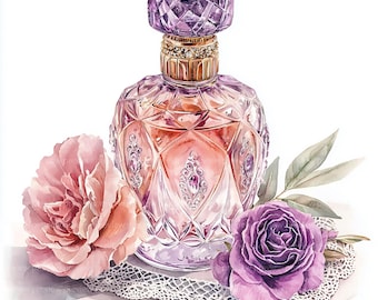 Luxury Perfume Clipart: Watercolor Bottle Art (JPGs, Digital Download, Commercial Use)