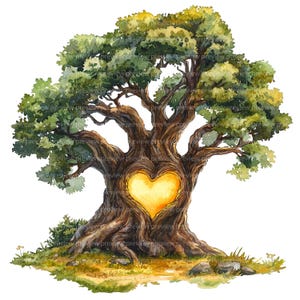 20 - Ancient Heart Tree Clipart | Giant Oak Forest Watercolor Art | Magical Nature Illustration JPG