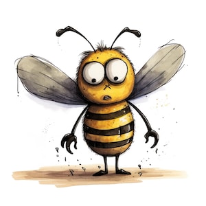 Puede incluir: Una abeja de dibujos animados con ojos grandes y redondos y una expresi&oacute;n preocupada. La abeja es amarilla y negra con alas rayadas y est&aacute; de pie sobre una superficie marr&oacute;n.