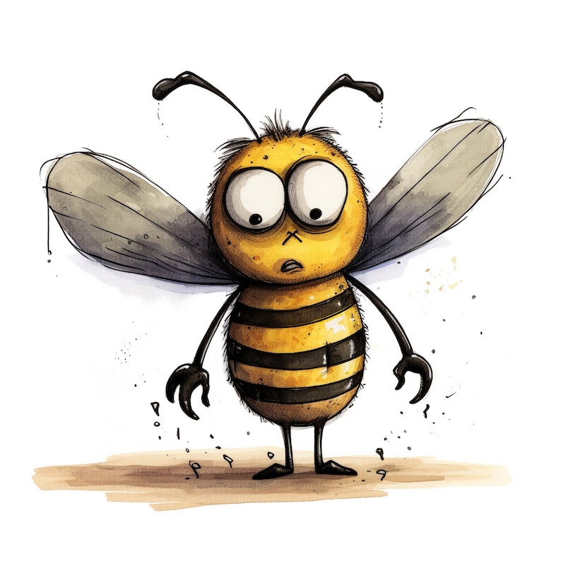 Puede incluir: Una abeja de dibujos animados con ojos grandes y redondos y una expresi&oacute;n preocupada. La abeja es amarilla y negra con alas rayadas y est&aacute; de pie sobre una superficie marr&oacute;n.