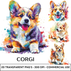 Aquarell Corgis Clipart | Hund Clipart | 20 hochwertige PNGs für Hunde Wand Kunst, Digitaler Planer & Junk Journal | Kommerzielle Nutzung