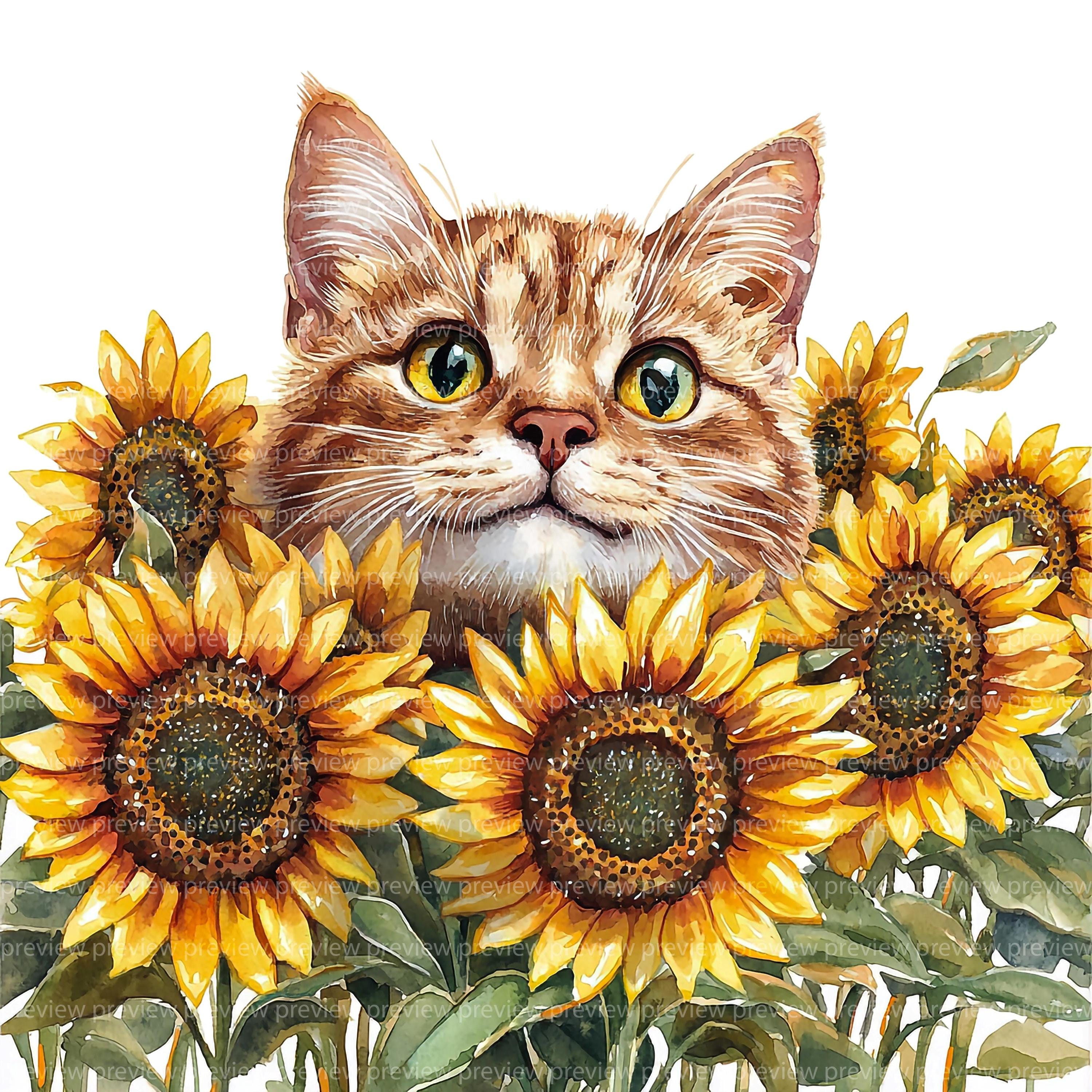 ひまわり猫のクリップアート12点セット｜花柄水彩画風の子猫