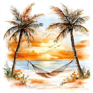 May include: Watercolour painting of a tropical beach scene. Two palm trees frame a hammock suspended above the sand. The background features a sunset with orange and yellow hues, a blue ocean, and birds in flight.