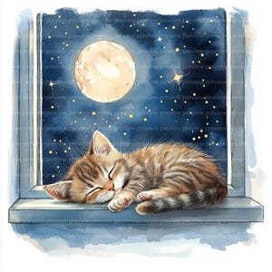 May include: A watercolor painting of a brown tabby kitten sleeping in a windowsill. The kitten is curled up with its eyes closed and its paws tucked under its chin. The window is open and there is a full moon and stars in the night sky.