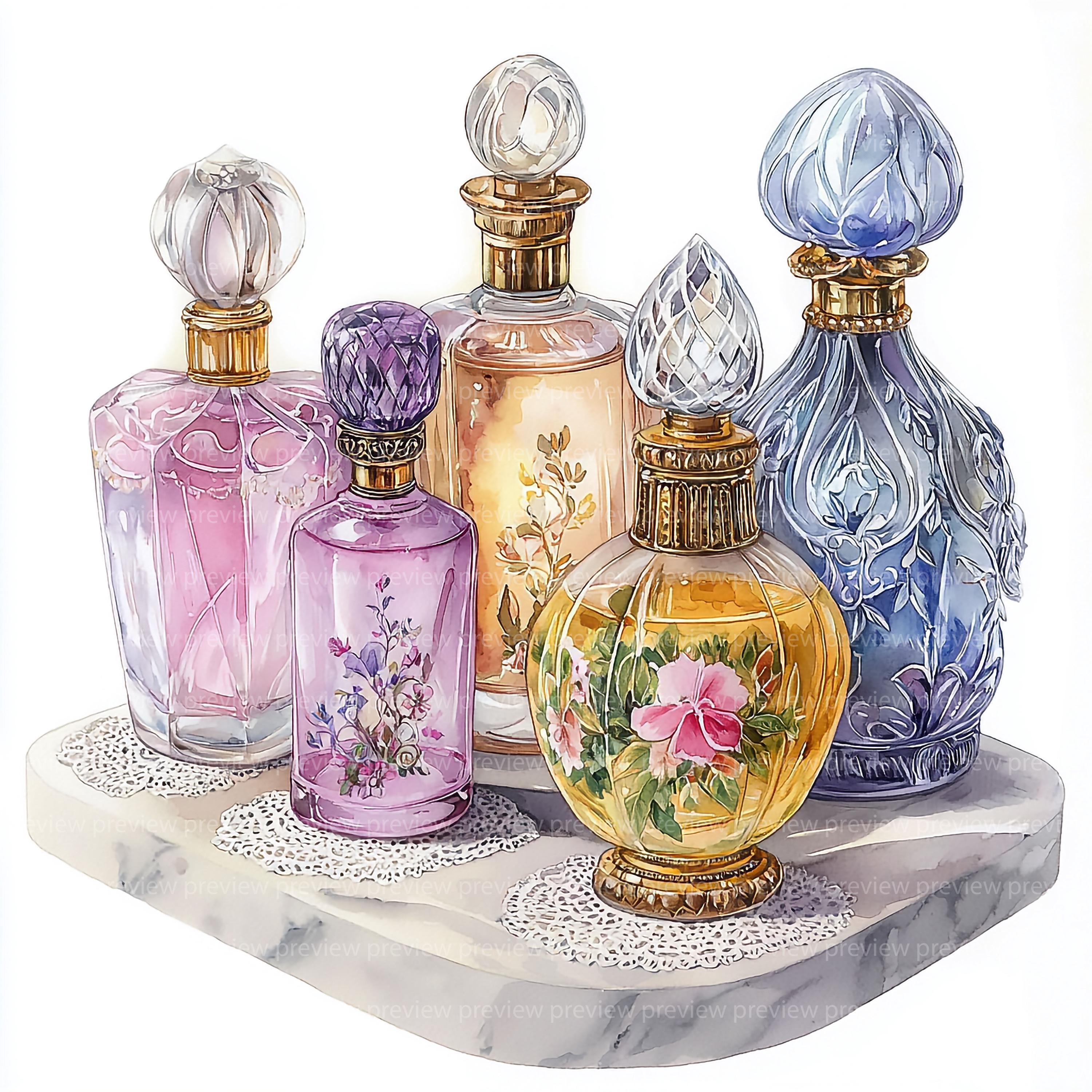 12種類の香水瓶のクリップアート｜水彩画の香り｜シャビーシック