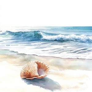 May include: Watercolour painting of a seashell on a sandy beach with ocean waves in the background. The shell is light brown with textured ridges. The ocean is a mix of blue and white, with waves breaking near the shore.