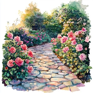 Könnte beinhalten: Aquarellmalerei eines Gartenwegs, gesäumt von blühenden rosa Rosen und anderen bunten Blumen. Der Weg besteht aus Stein und führt in die Ferne. Üppiges grünes Laub und Bäume umrahmen die Szene und schaffen eine ruhige und einladende Atmosphäre.