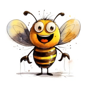 Puede incluir: Una abeja de dibujos animados con un cuerpo rayado amarillo y negro, ojos grandes y una amplia sonrisa. La abeja tiene alas transl&uacute;cidas y est&aacute; de pie sobre un fondo blanco.