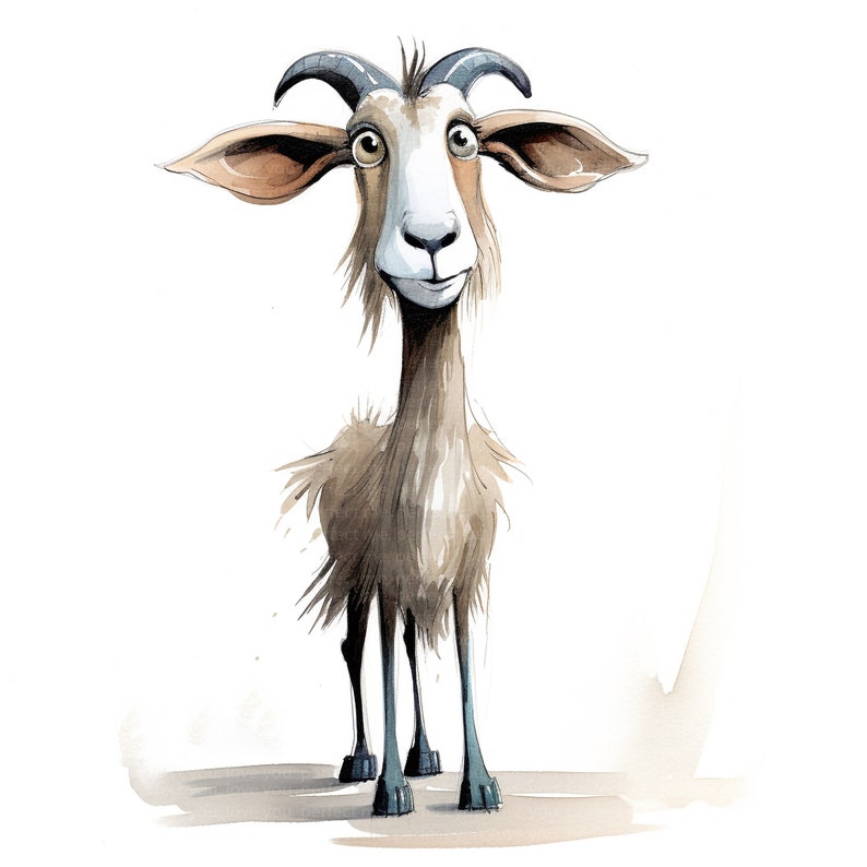 May include: Watercolor illustration of a goat with a long neck, large ears, and curved horns. The goat has a white face, brown fur, and a whimsical, cartoonish appearance. The artwork is set against a white background.