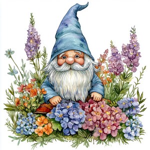 10 Floral Gnome Clipart, Garden Gnome, Cute Gnome Watercolor Clipart for Scrapbooking & Journals | High-Quality JPGs | Digital Download