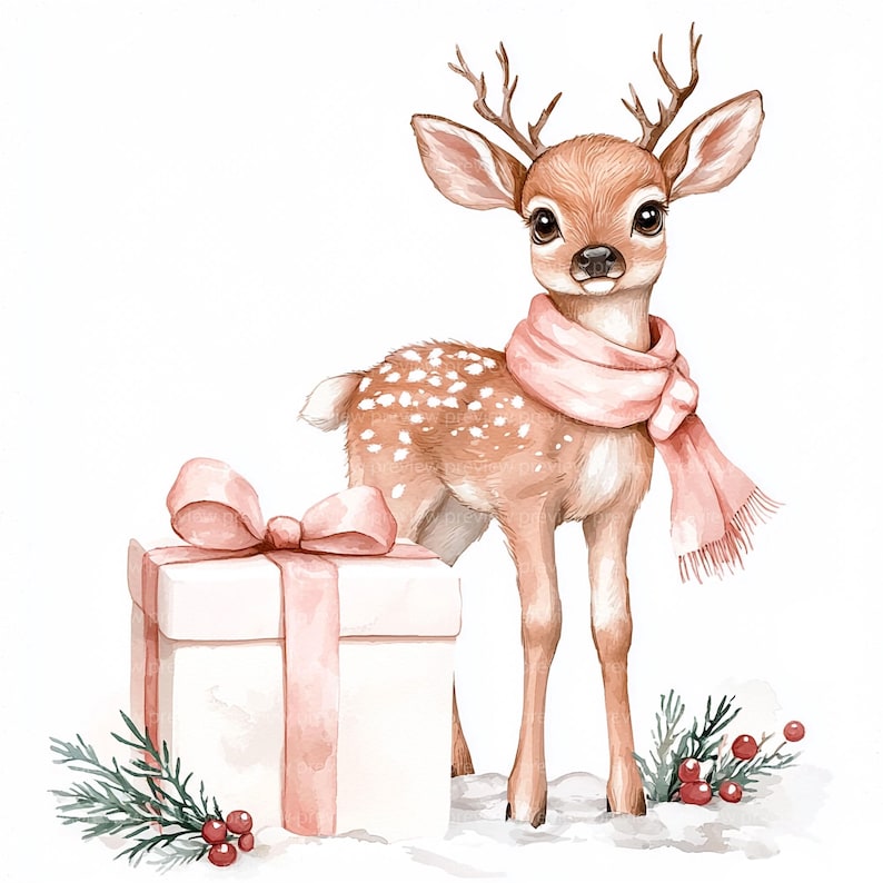 16 Watercolor Fawn Clipart | Pink Scarf, Christmas Nursery Art (jpgs ...