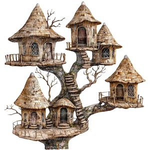 May include: Watercolor illustration of a whimsical treehouse village. The tree features multiple wooden houses with thatched roofs, connected by stairs and platforms. The houses have arched windows and doors, creating a fantasy theme.