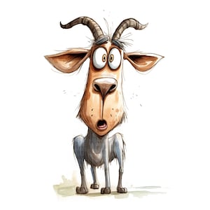 May include: A watercolor illustration of a surprised goat with large eyes and a wide open mouth. The goat has brown fur, large ears, and curved horns. The background is white.