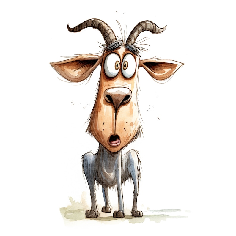 May include: A watercolor illustration of a surprised goat with large eyes and a wide open mouth. The goat has brown fur, large ears, and curved horns. The background is white.