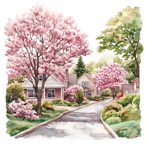 Op de afbeelding: Aquarel schilderij van een woonstraat met huizen en bloeiende kersenbomen. De huizen zijn rood en bruin, met groene gazons en struiken. De weg is grijs.