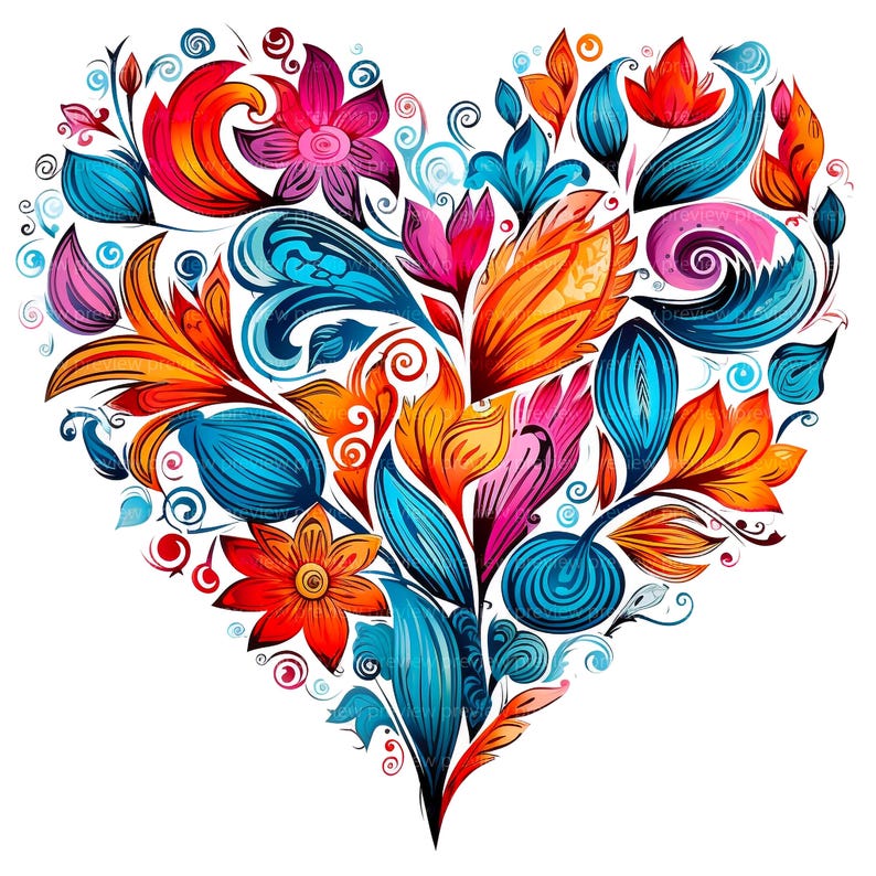 12 Floral Heart Clipart | Colorful Flower Watercolor Art | Romantic ...