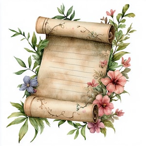 12 Medieval Scrolls Clipart, Vintage Medieval Scrolls, Floral Medieval Scrolls Watercolor Clipart | High-Quality JPGs | Digital Download