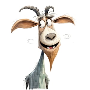 May include: A whimsical illustration of a smiling goat with large eyes and a brown beard. The goat has brown and tan fur, with curved horns and a blue and green neck. The artwork is set against a white background.
