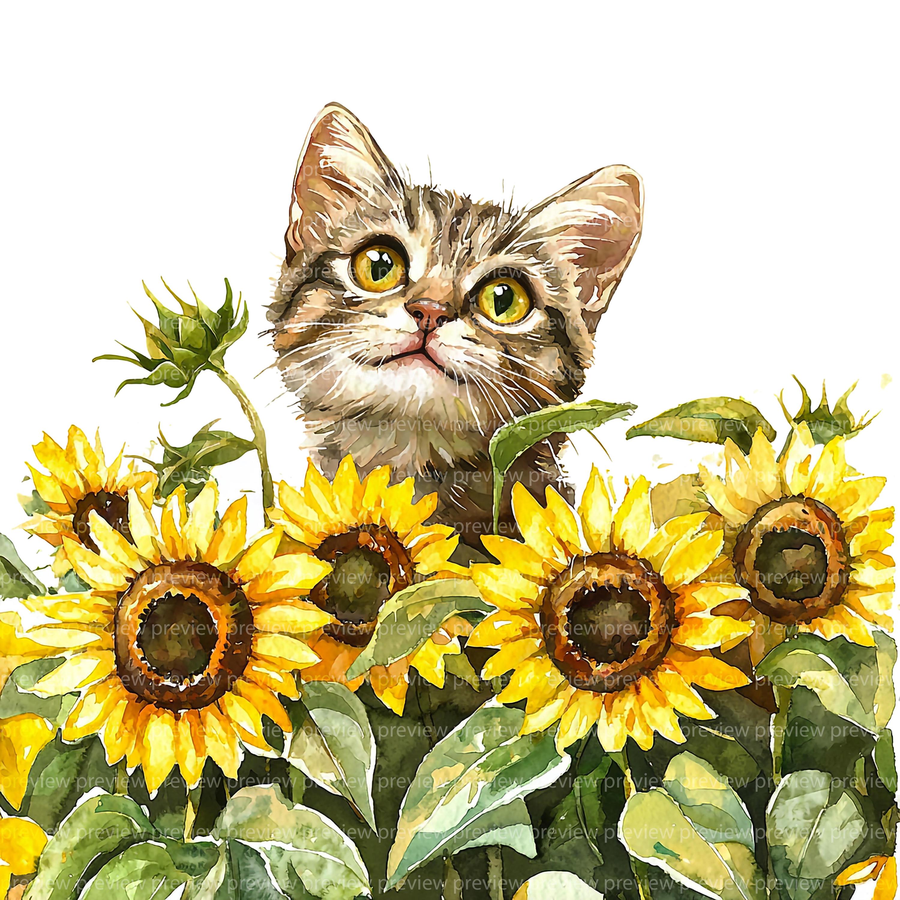 12 Sunflower Cat Clipart Bundle | Floral Watercolor Floral Kitten ...