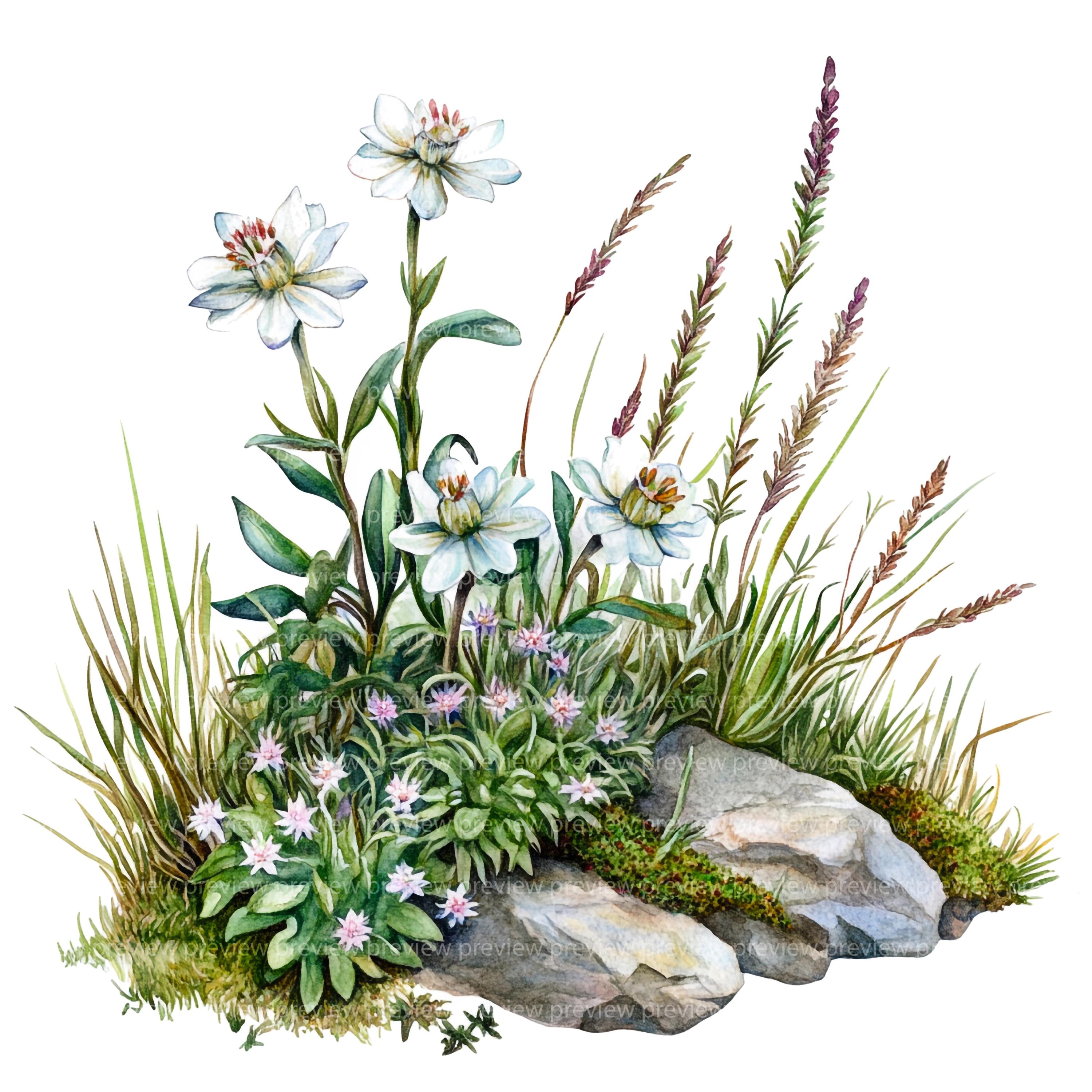 エーデルワイス クリップアート 12 枚 | 山の花の水彩画 | 高山植物の