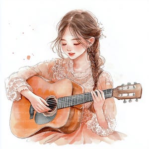 12 clipart de menina tocando violão, clipart de menina guitarrista em aquarela para scrapbooking e diários | JPGs de alta qualidade | Download digital