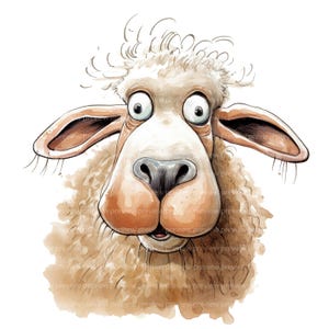 17 Comical Sheep Clipart | Exaggerated Farm Animal Watercolor Art | Humorous Portrait Illustration | JPG