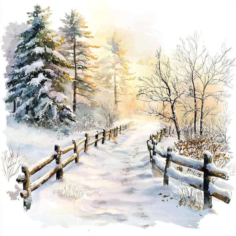 12 Watercolor Winter Road Clipart | Snowy Landscape Illustrations (jpgs ...