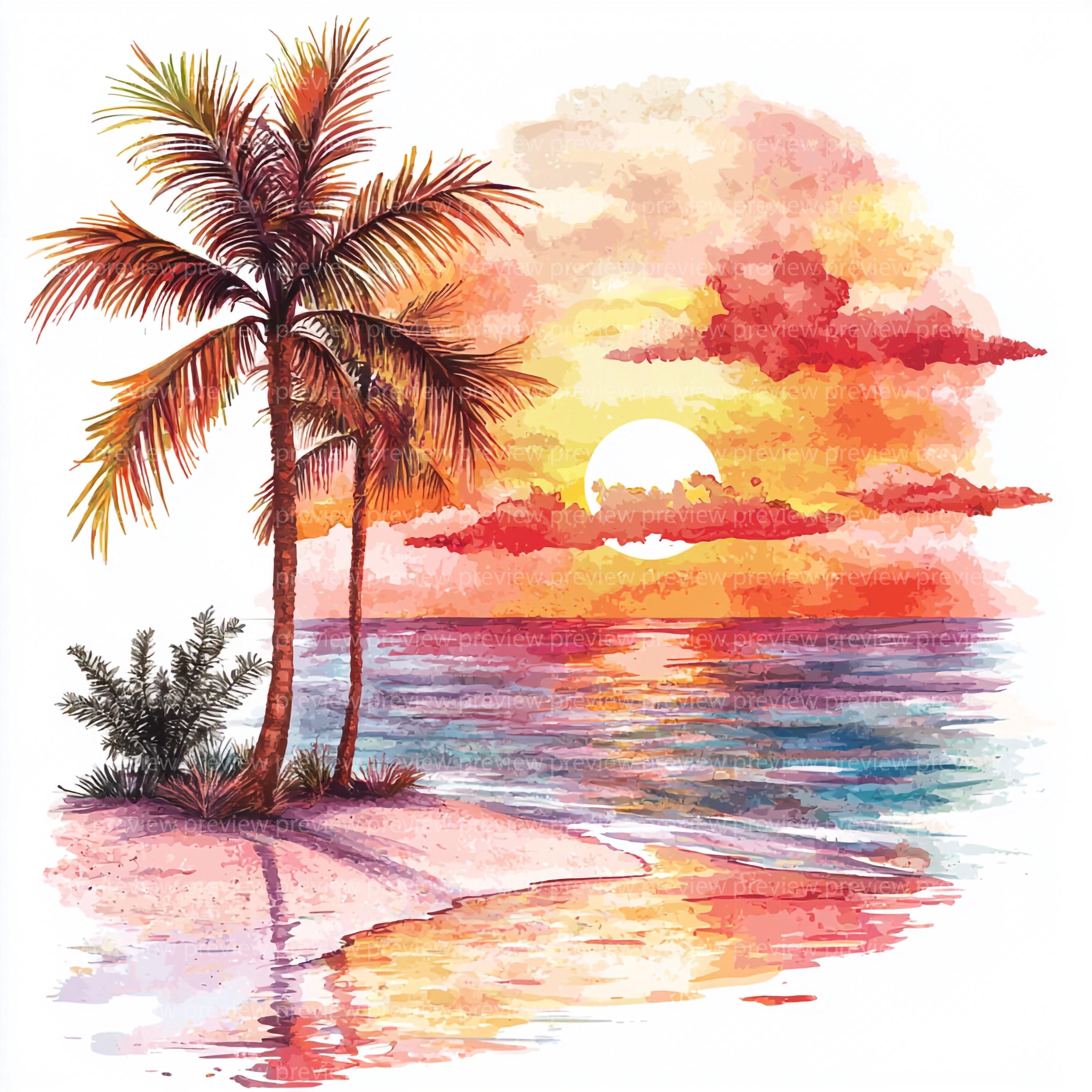 12 Watercolor Beach Sunset Clipart | Palm Tree Ocean Art (jpgs, Digital ...