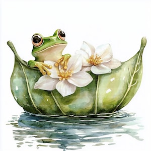 12 Clipart de bateau grenouille sur une feuille, clipart grenouille mignonne, clipart aquarelle pour scrapbooking et journaux | Fichiers JPG de haute qualité | Téléchargement numérique