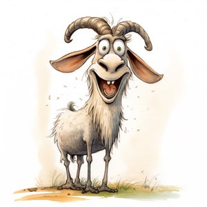 May include: A whimsical watercolor illustration of a smiling goat with large, expressive eyes and curved horns. The goat has a shaggy, light-colored coat and is standing on a patch of grass. The cartoon-like style gives it a friendly and playful appearance.