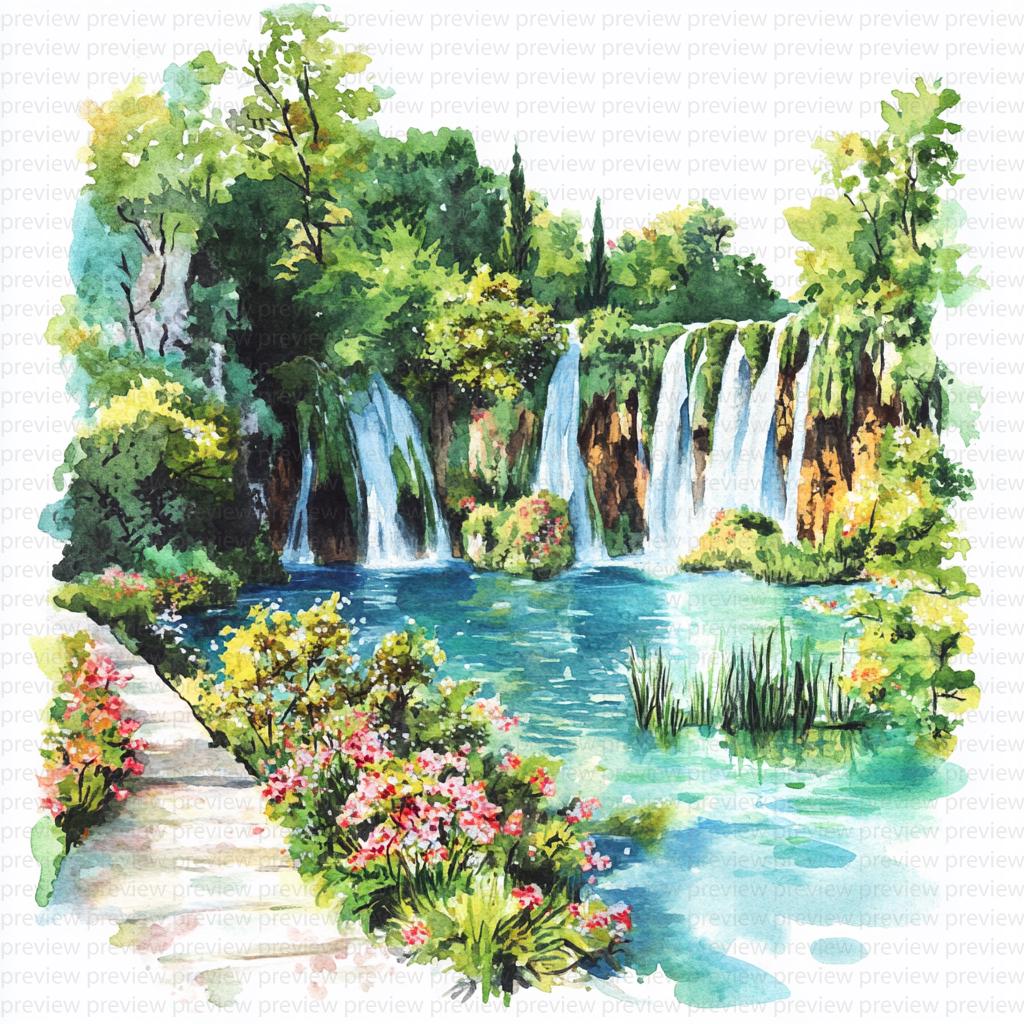 水彩画 自然の風景 滝と森27cm25cm 水彩画風の滝のクリップアート12点：春の風景（JPG形式、デジタル