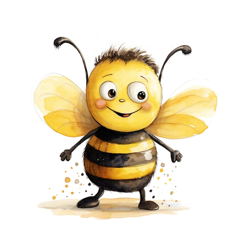 Puede incluir: Una abeja de dibujos animados con un cuerpo rayado amarillo y negro, ojos grandes marrones y una gran sonrisa. La abeja tiene alas amarillas y est&aacute; de pie sobre una superficie marr&oacute;n claro.